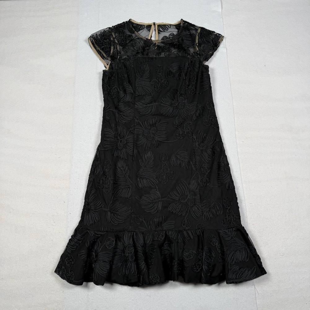 Halston Black Floral Embroidered Mesh Ruffle Hem Cocktail Dress Size 4 Cap - Picture 2 of 8